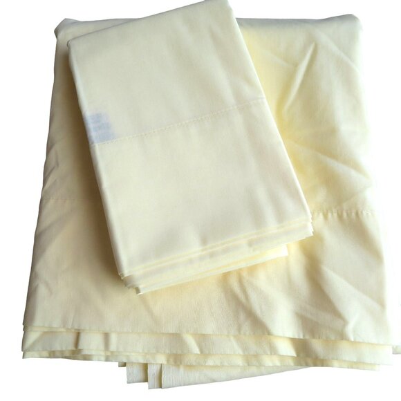 Vintage 70s Springmaid Full 1 Flat 2 Pillowcases Bright Yellow No Iron Percale - Picture 3 of 8
